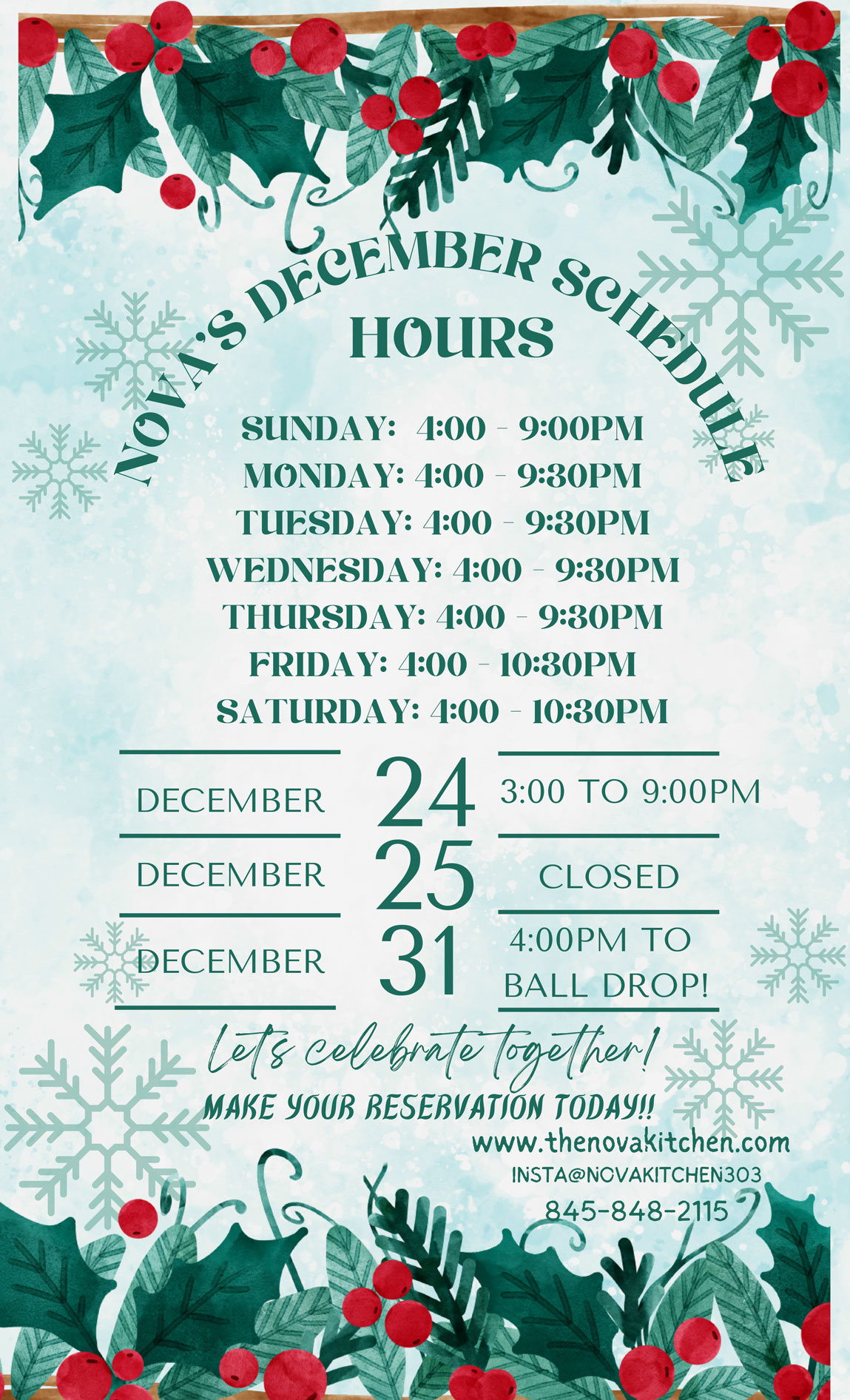 Nova Kitchen is open on Christmas Eve and New Years Eve!